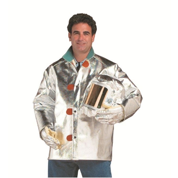 Man wearing silver gray 600-AKV heat resistive aluminized jacket on white background