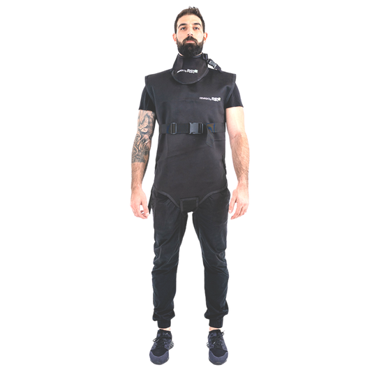Man wearing black Radshield D2LVSO radiation vest against checkered background