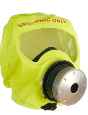 Yellow, black, silver Draeger R59420 Escape Training Hood in Soft Pack against white background