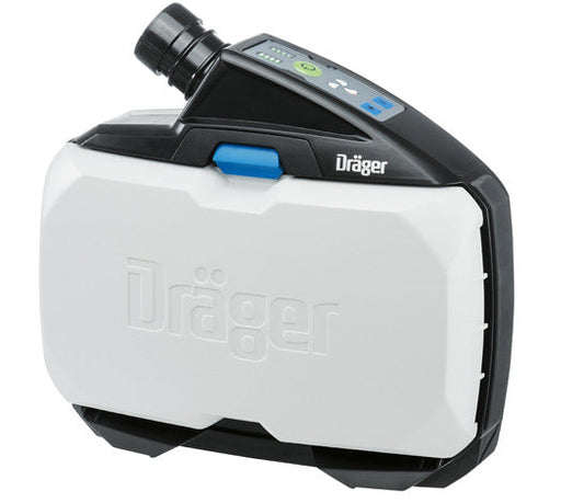 White and black Draeger R59500  PAPR blower unit on white background
