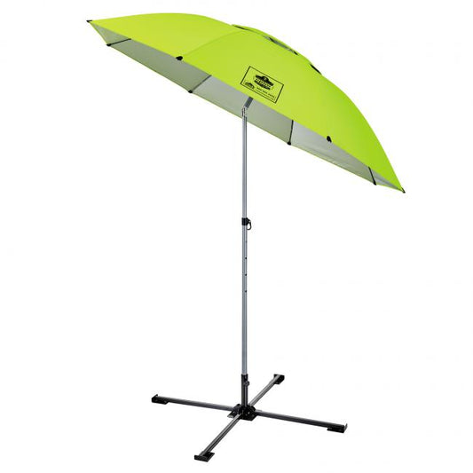 Lime green work umbrella on white background Ergodyne 12969 Shax 6199 Lightweight
