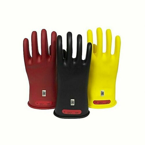 Red, black, yellow NSA GC00 voltage gloves on white background