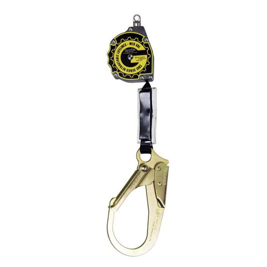 BLACK and gold Guardian Fall 10901 Halo Series 11' Web Retractable Lifeline on whiite background