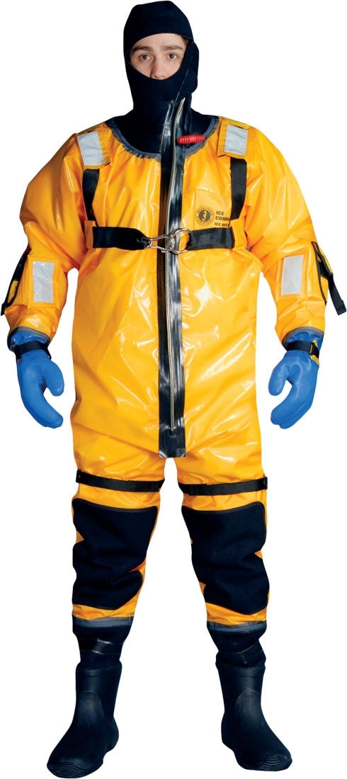 Yellow orange, black, blue Mustang Survival IC900103 Ice Commander Rescue Suit on white background