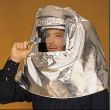 Man wearing silver and clear Lakeland 311-AGL Aluminized Approach Hood on brown background