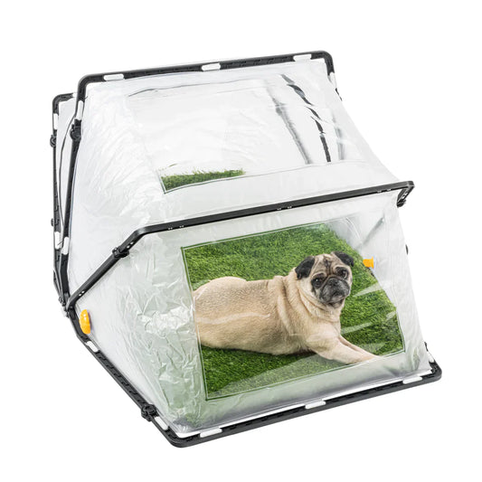 Dog inside  multi color MIRA Safety Collapsible CBRN Animal Ark Pet Cage Gas Mask 53x33x26 on white background