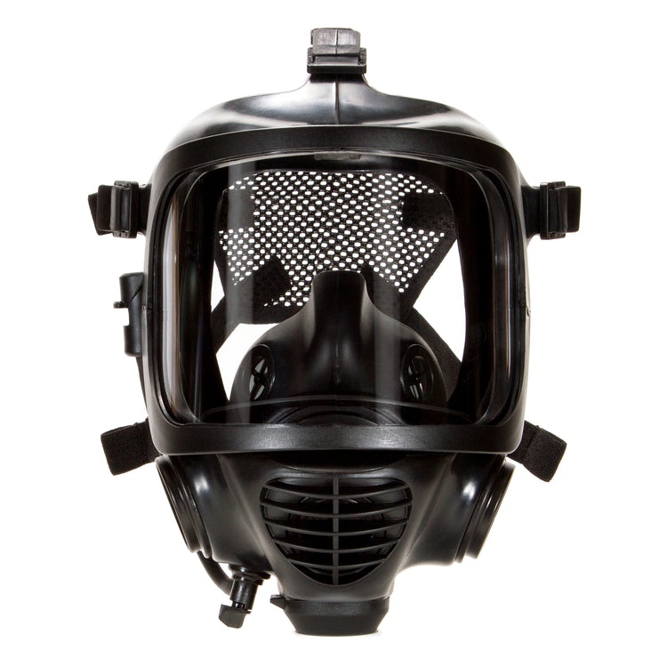 Black MIRA CM-6M gas mask against white background