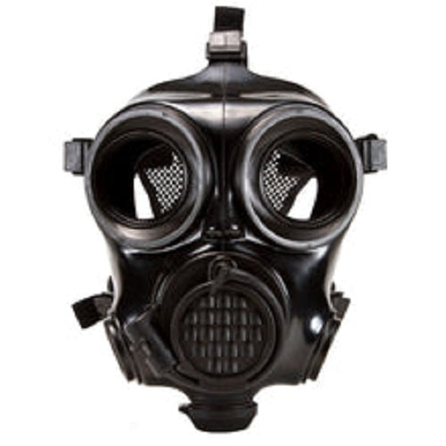 MIRA black  CM-7M gas mask against white background