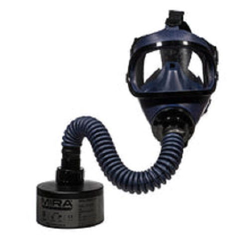 Mira black MD1-01 gas mask, hose, CBRN filter against white background