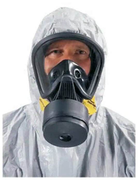 Man wearing MSA UJltra Elite CBRN gas mask against white background