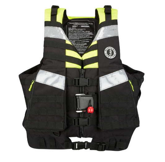Silver, black, yellow MUSTANG MRV150 02 UNIVERSAL SWIFT WATER RESCUE VEST on white background