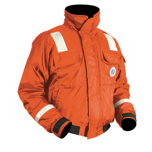 Orange Mustang Safety MJ6214T1-2 bomber safety flotation jacket on white background