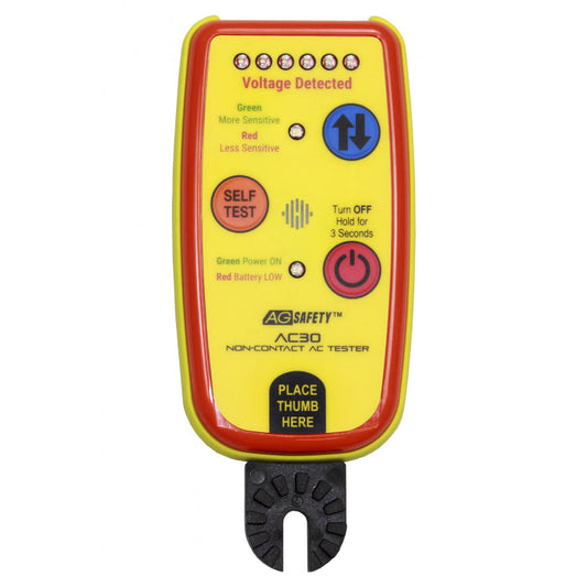 Yellow, red, black NSA AG-AC30 voltage AC detector on white background