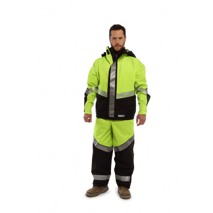 Man wearing lime yellow NSA extreme weather clothing on white background