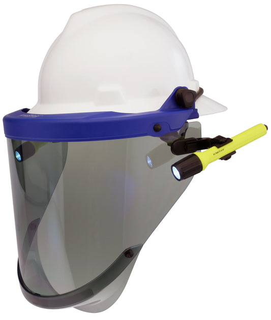 Gray and blue Paulson 9103037 Arc Flash AmpShield Model AMP3-20HT-EC Full-Brim Hat Bracket on white background