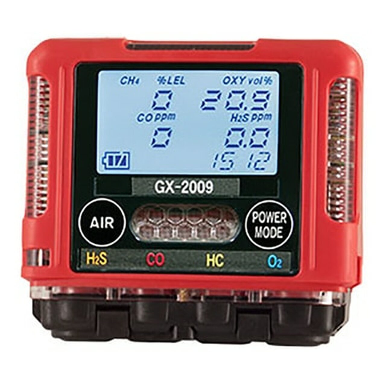 Red, black, white RKI  gas monitor 72-0308RKC on white background