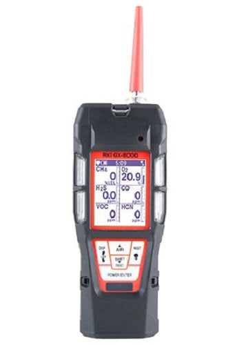 black and red RKI gas monitor 72-6XZB-C on white background