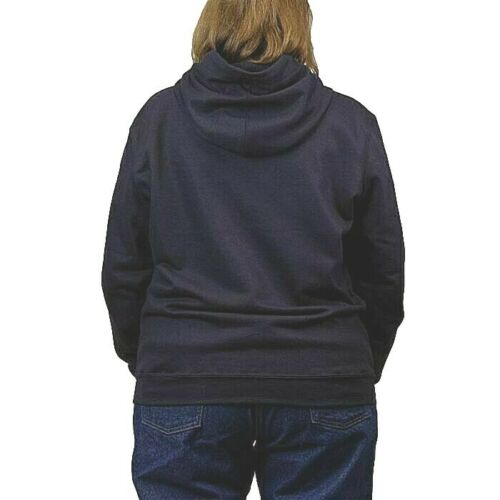 Woman wearing Navy color NSA SWS12ZW hoodie arc flash FR on white background