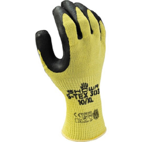 Yellow/black Showa S-Tex 303 cut resistant gloves on white background