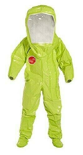 Dupont TK527T lime yellow encapsulated suit against white background