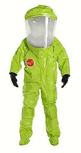 Dupont lime yellow TK612T fully encapsulated suit against white background