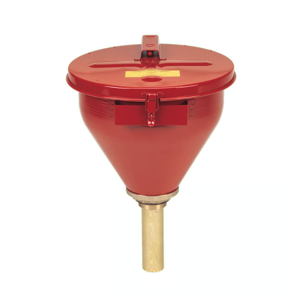 Red color Justrite 08207 Steel Drum Funnel for Flammables 6" Flame Arrester Self-Closing Cover on white background