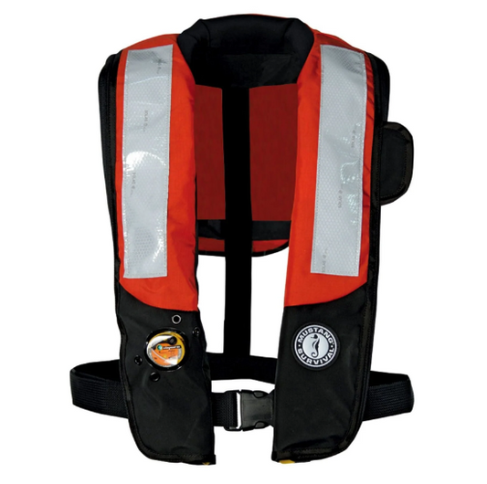 Orange, black, silver Mustang Survival MD3183 T2 HIT Inflatable PFD with SOLAS Reflective Tape on white background